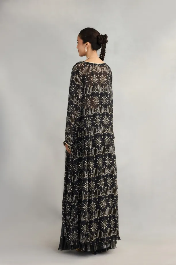 Black Printed Sequin Cape Suit