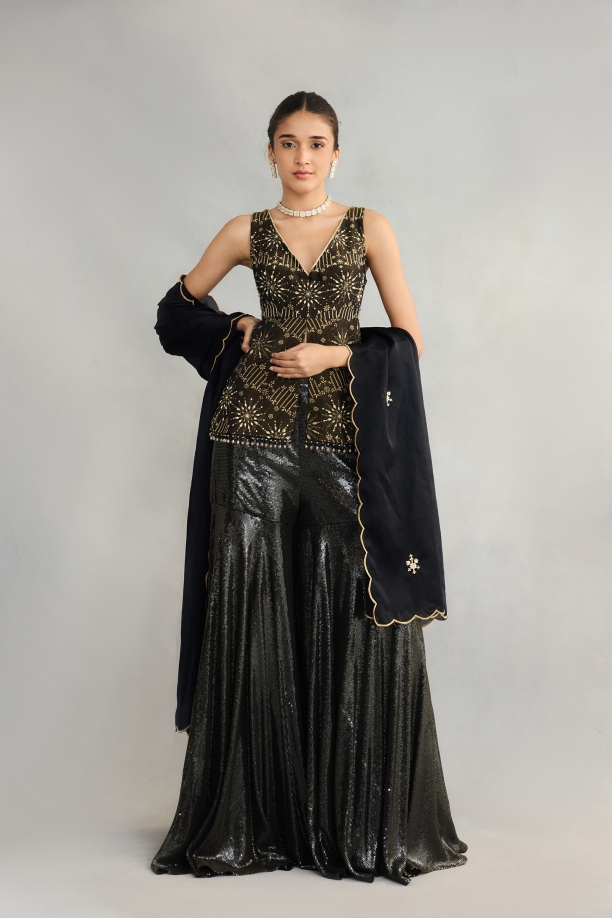 Black Sequin Printed Sharara Set
