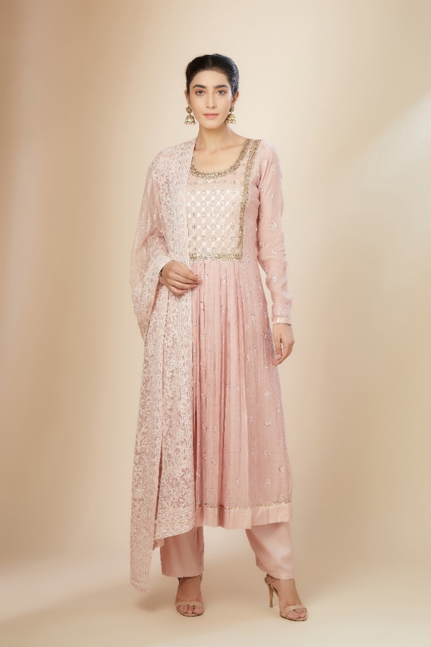 Rose Pink Chanderi Kurta Pant Set