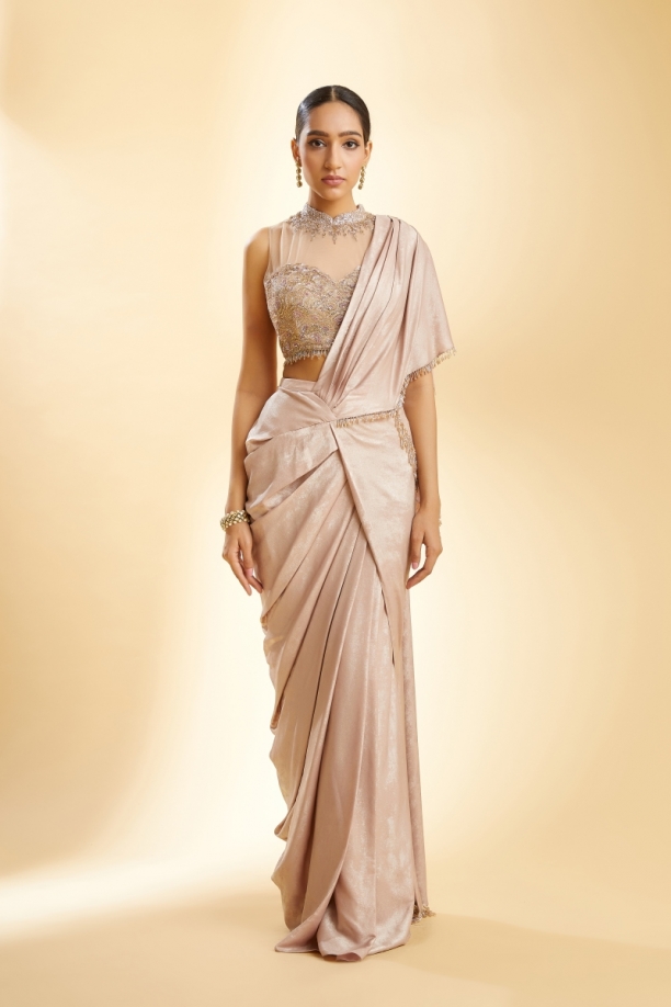 Dusty Peach Shimmer Lycra Drape Saree