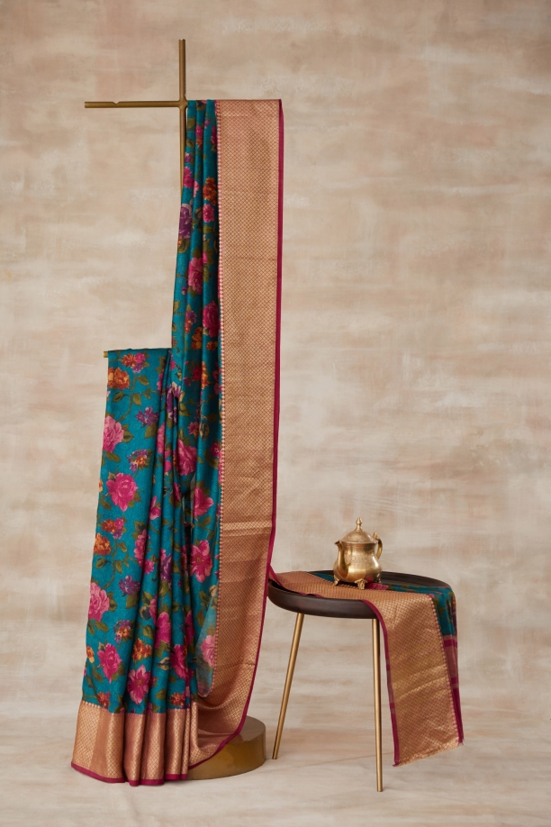 Teal Green Floral Printed Kanjivaram Silk Saree