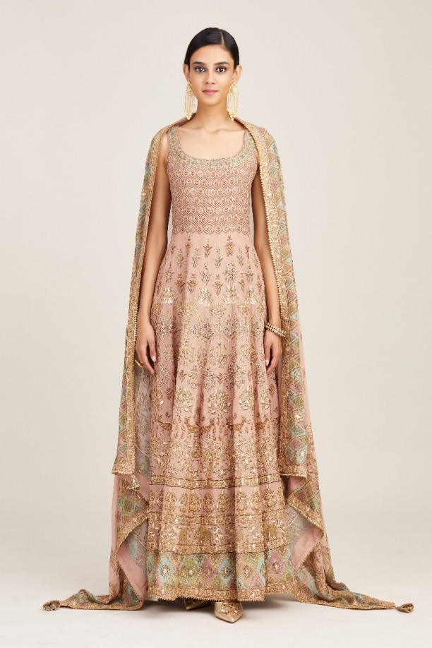 Beige Colored Partywear Embroidered Maslin Silk Long Gown – fashionnaari
