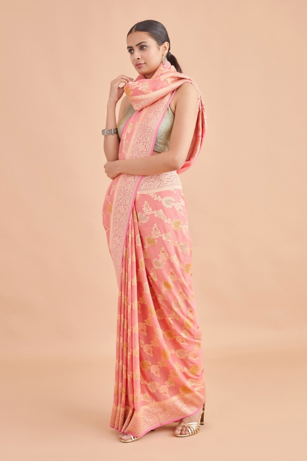 Rose Pink Weave Brocade Saree