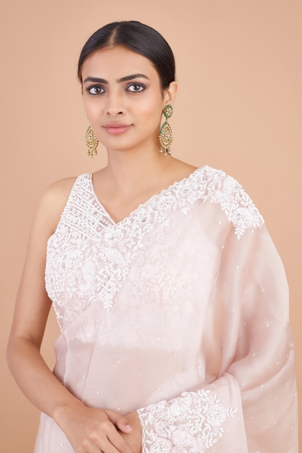 Crepe Pink Floral Organza Saree
