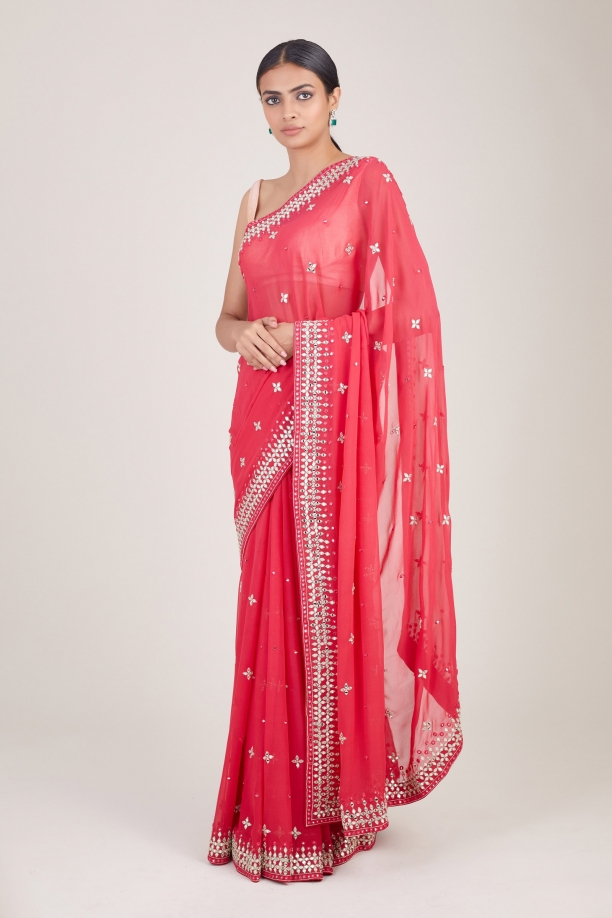 Crimson Mirror Embroidered Georgette Saree