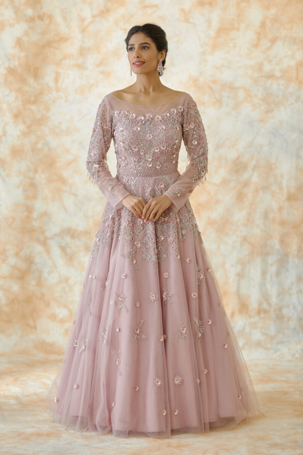Onion Pink Embroidered Net Gown
