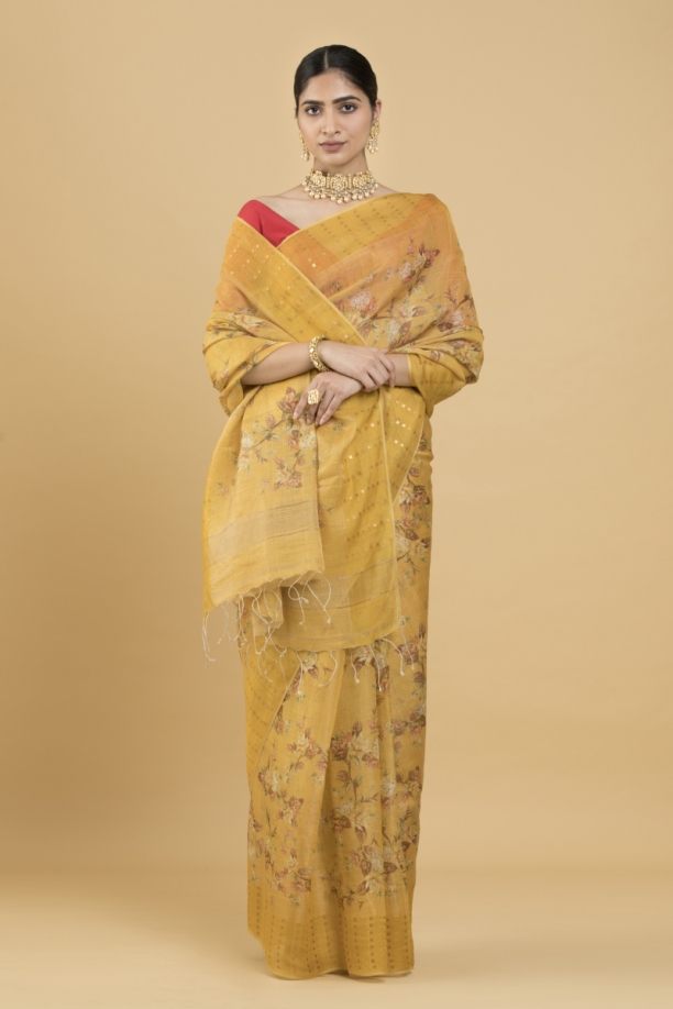 Turmeric Yellow Floral Print Tussar Saree