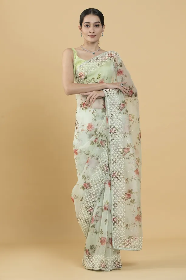 Mint Green Floral Print Embellished Organza Saree