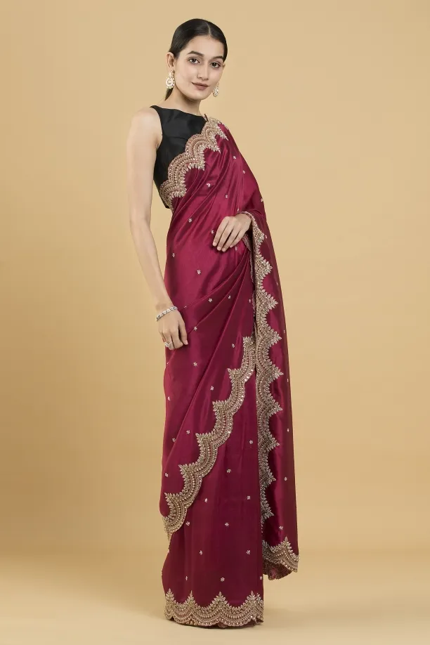 Maroon Embroidered Silk Saree