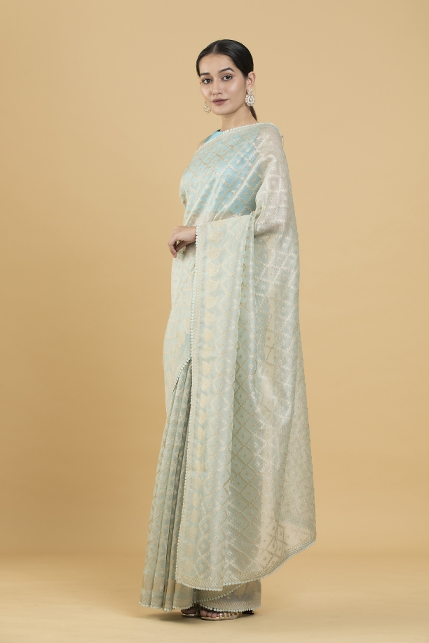 Mint Green Motif Zari Weave Organza Saree