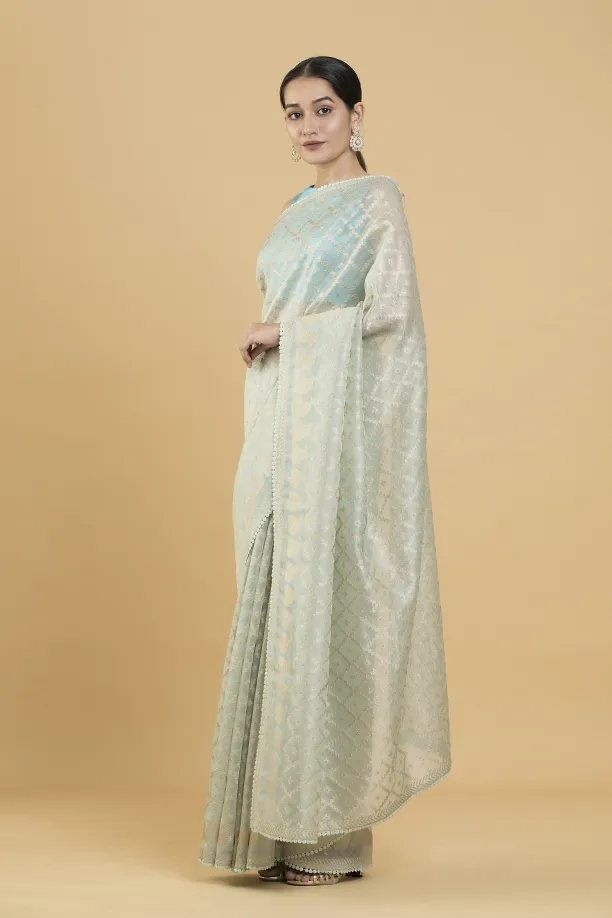 Mint Green Motif Zari Weave Organza Saree