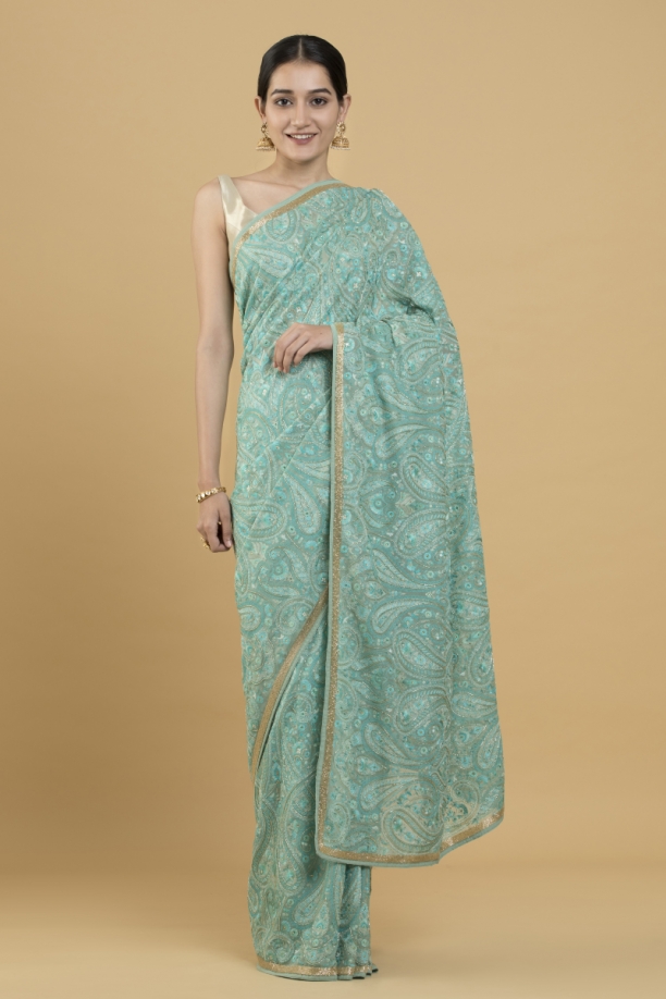 Turquoise Resham Embroidered Paisley Motif Saree
