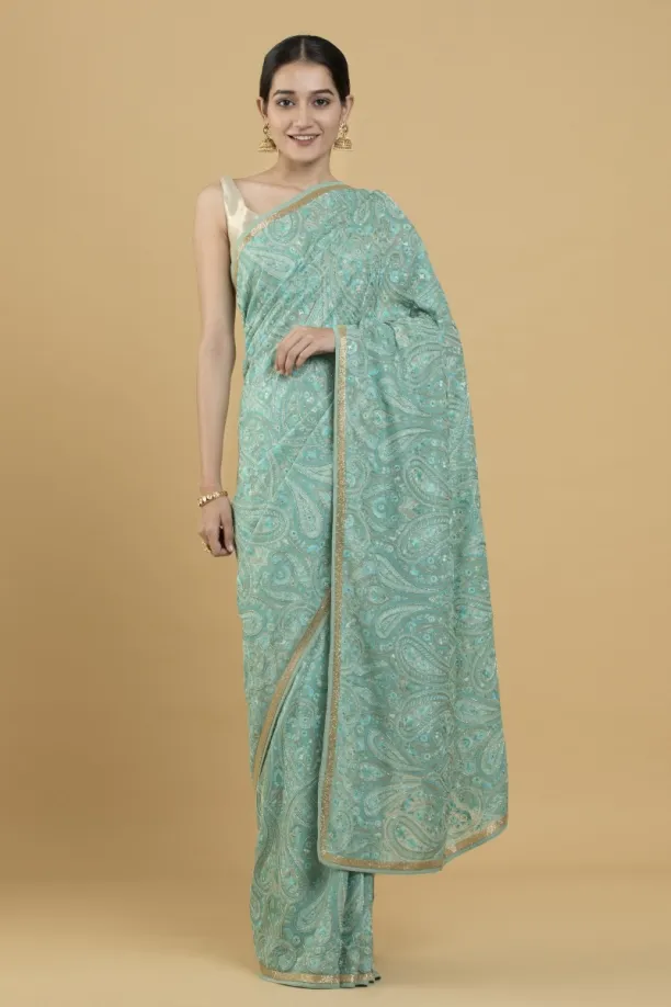 Turquoise Resham Embroidered Paisley Motif Saree