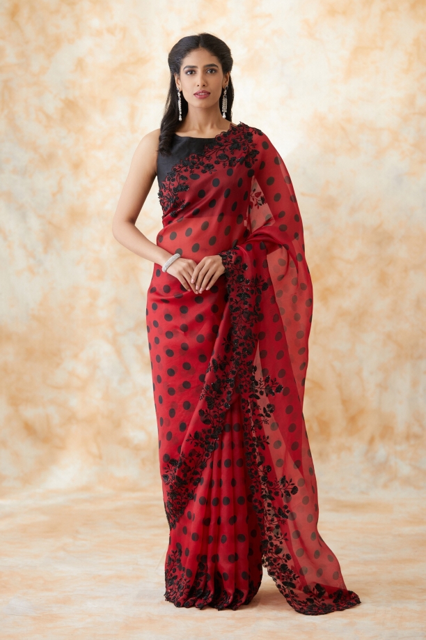 Carmine Red Black Polka Dot Organza Saree