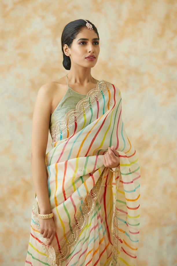 Cream Organza Lehriya Saree