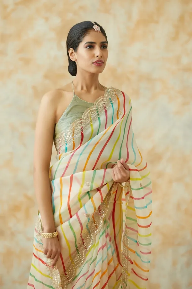 Cream Organza Lehriya Saree