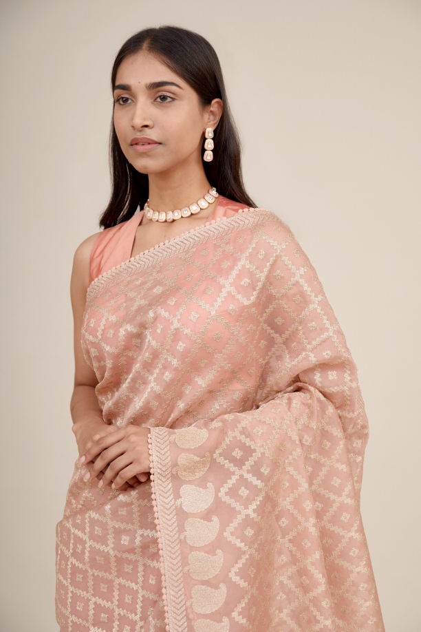 Pastel Peach Organza Saree