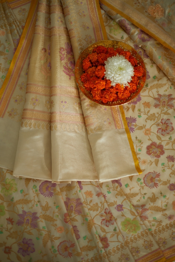 Ivory Pure Zari Silk Saree