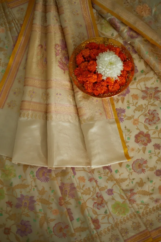 Ivory Pure Zari Silk Saree