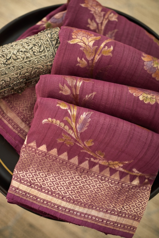 Dusty Dark Pink Banarasi Tussar Silk Saree