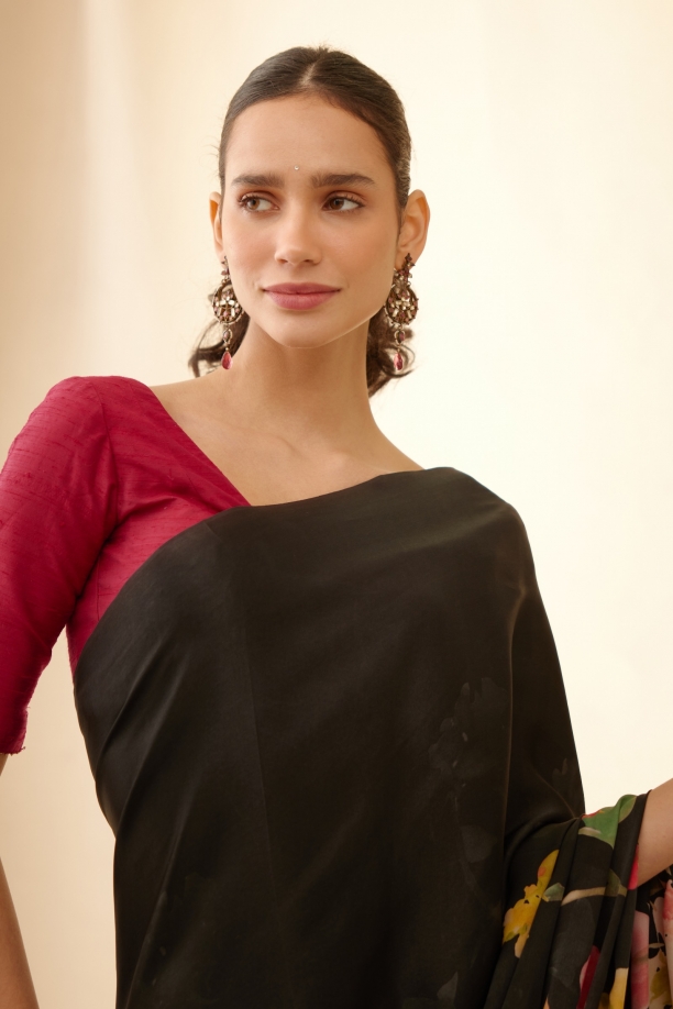 Ink Black Floral Satin Saree