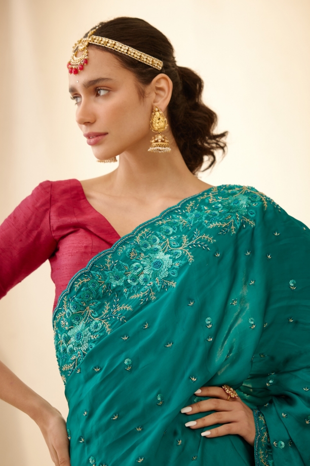 Emerald Green Embdroidered Satin Saree