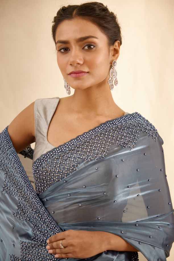 Metallic Grey Organza Satin Saree