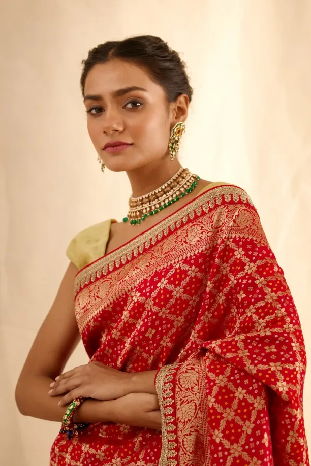 Vermillion Red Bandhani Banarasi Saree