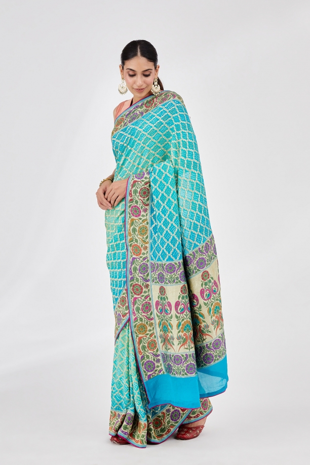Sea Green Meenakari Bandhani Saree