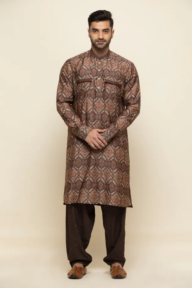 Raw Umber Ikat Silk Pathani Suit