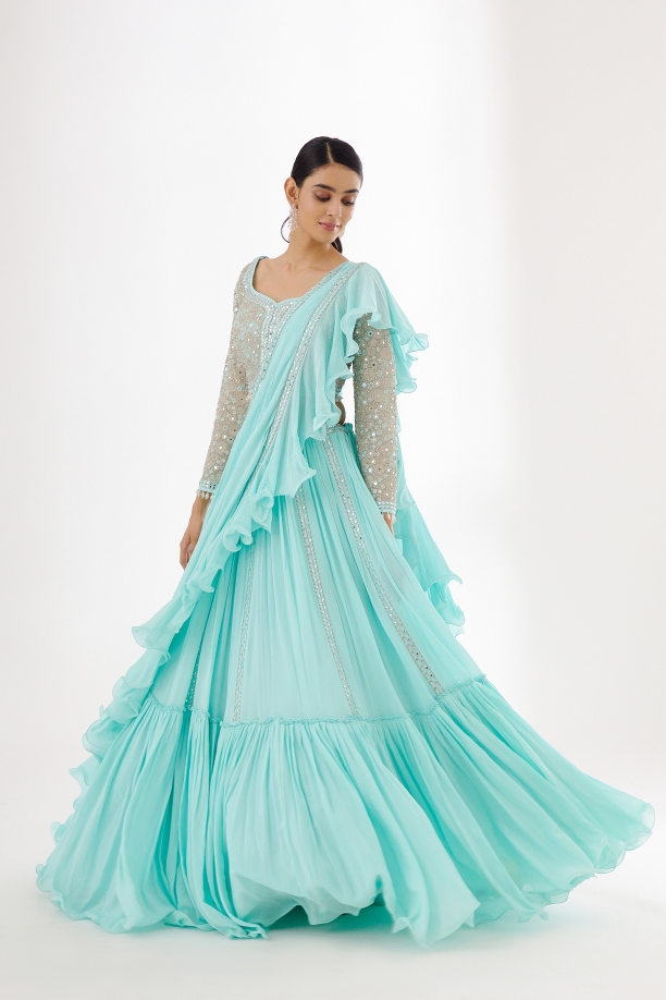 Sea Green Tiered Lehenga