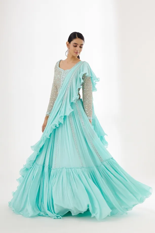 Sea Green Tiered Lehenga