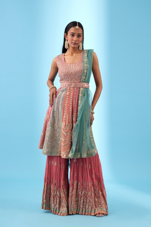 Coral Georgette Peplum Garara Set