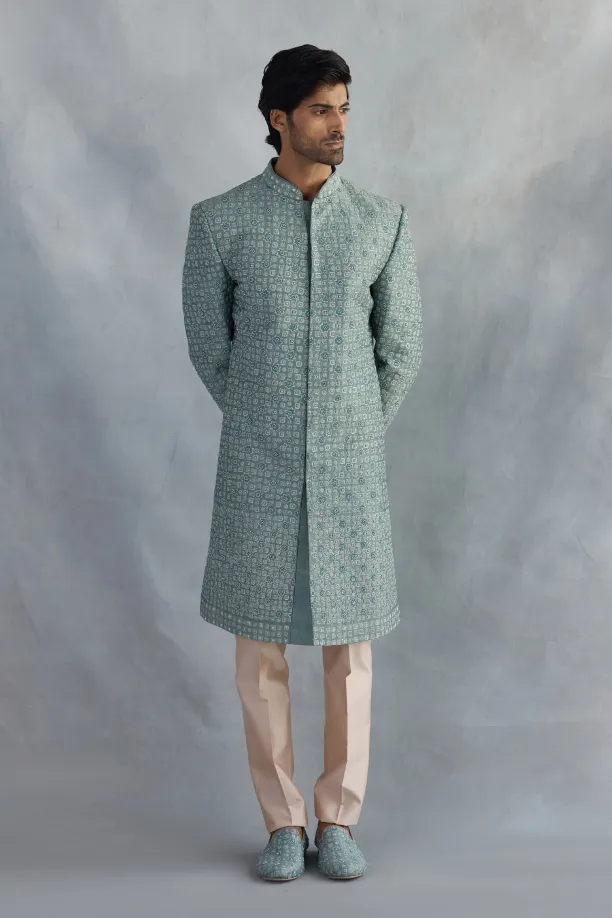 Turquoise Blue Silk Sherwani