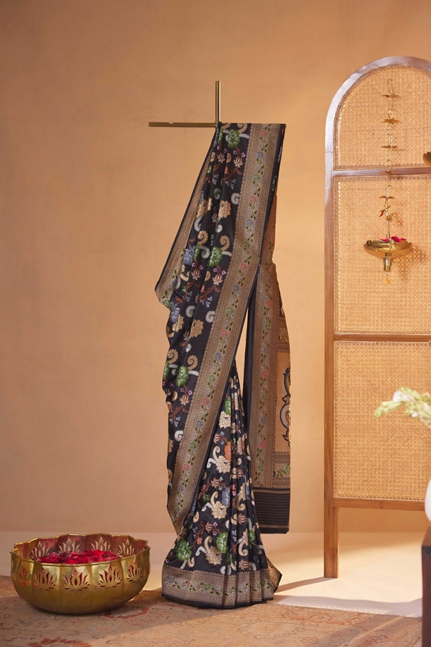 Coal Black kattan silk saree