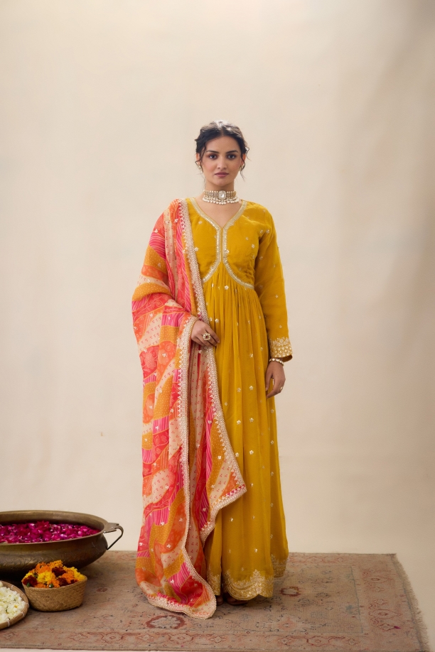 Daisy yellow Anarkali suit set