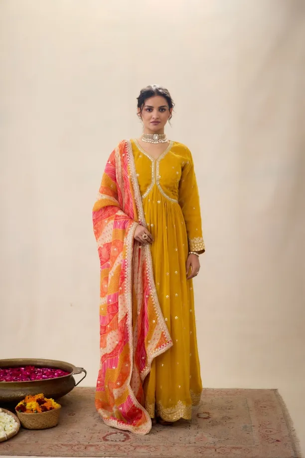 Daisy yellow Anarkali suit set