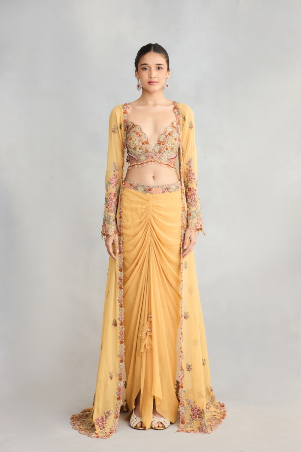 Gamboge Georgette Cape Skirt Set