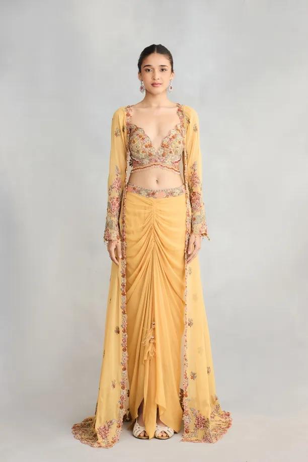 Gamboge Georgette Cape Skirt Set