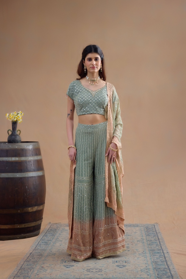 Ombre Sea Green & Rusty Pink Sharara