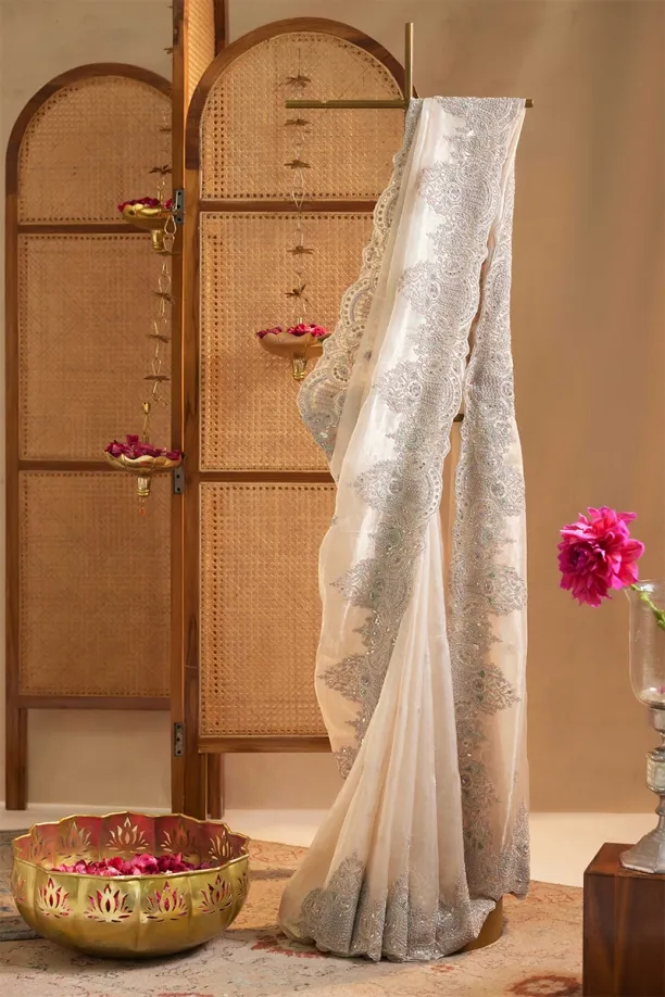 Ivory Gold Tissue Organza Saree