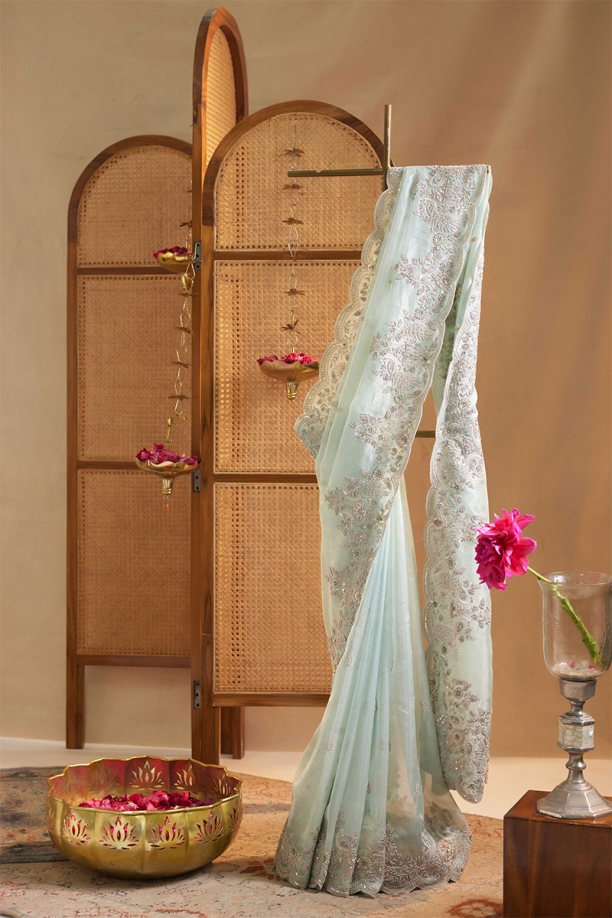Powder Blue Organza Lehenga Saree