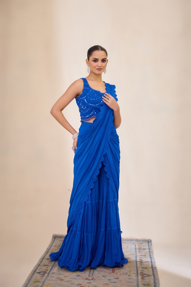 Cobalt Blue Garara Saree Set