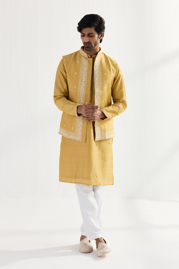 Yellow Ochre Silk Half Jacket Set