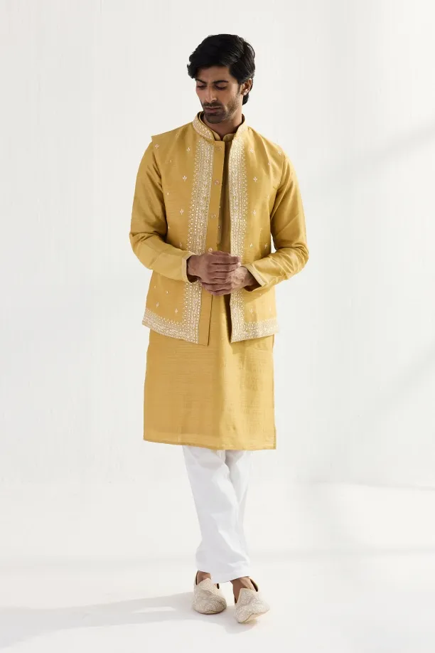 Yellow Ochre Silk Half Jacket Set