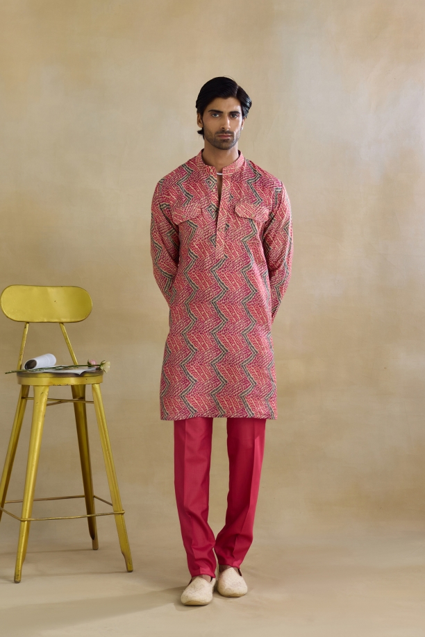 Rani Pink Printed Silk Kurta Set