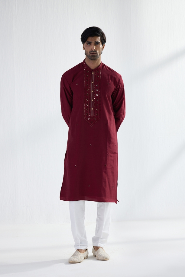 Maroon Cotton Mirror Kurta Set