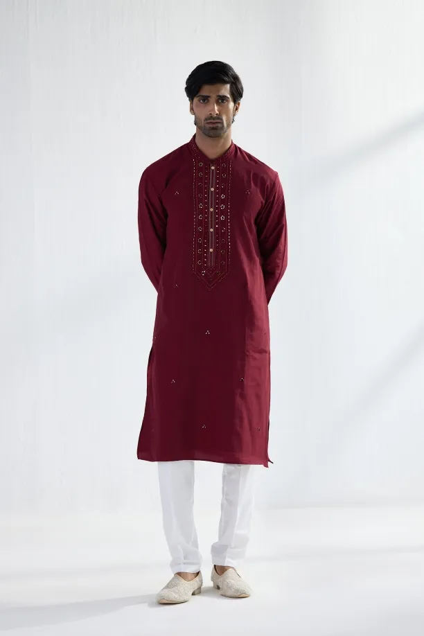 Maroon Cotton Mirror Kurta Set
