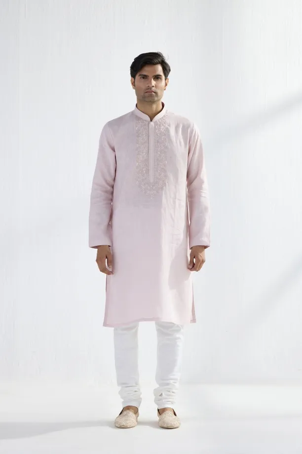 Powder Pink Linen Kurta Set