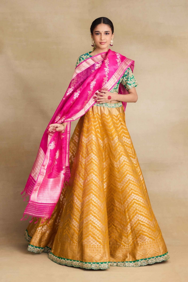 Mustard Yellow Banarasi Silk Lehenga Set